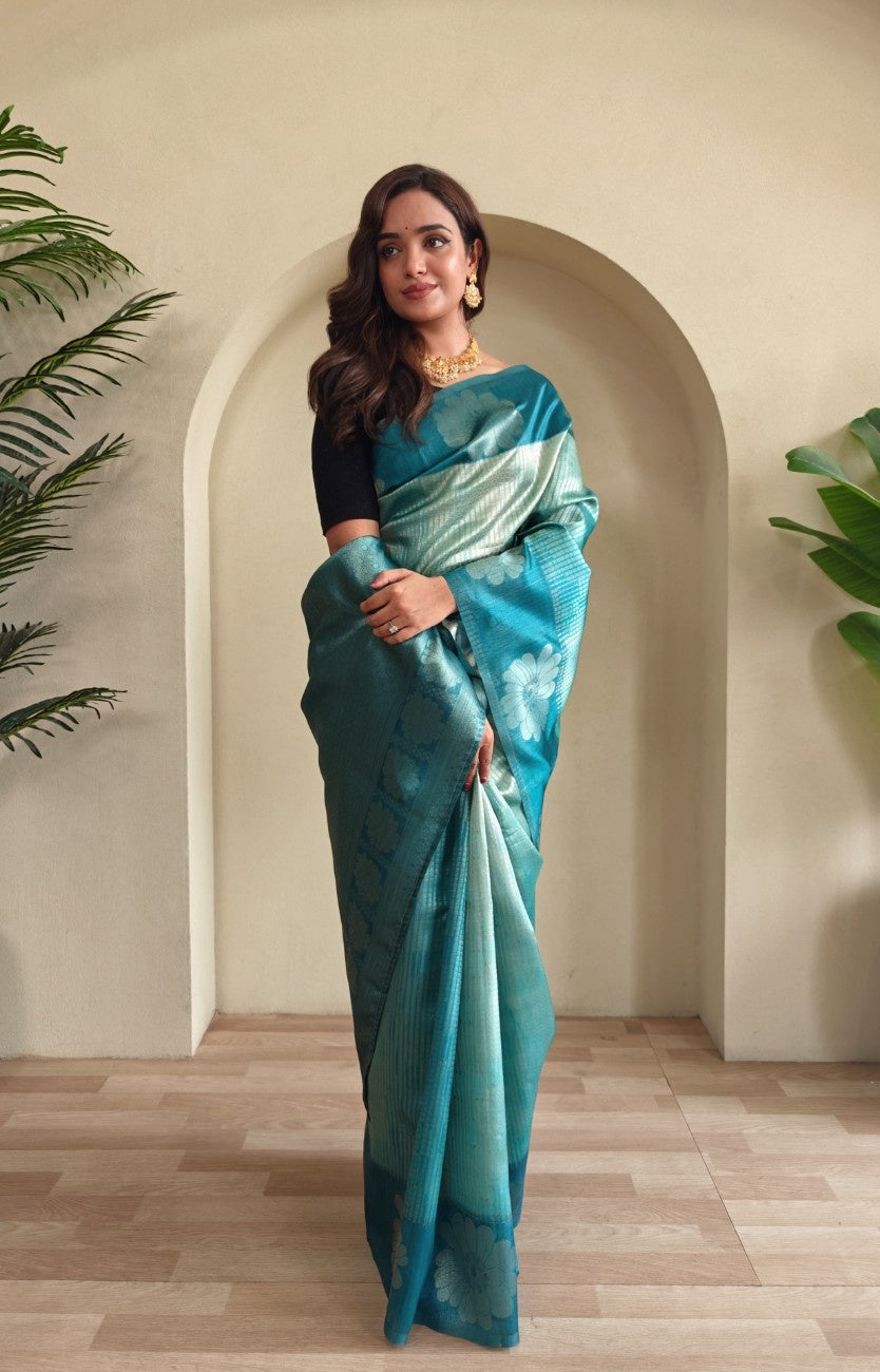 Premium Printed Silk Saree with Silver Zari & Contrast Pallu