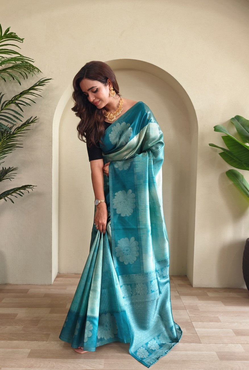 Premium Printed Silk Saree with Silver Zari & Contrast Pallu