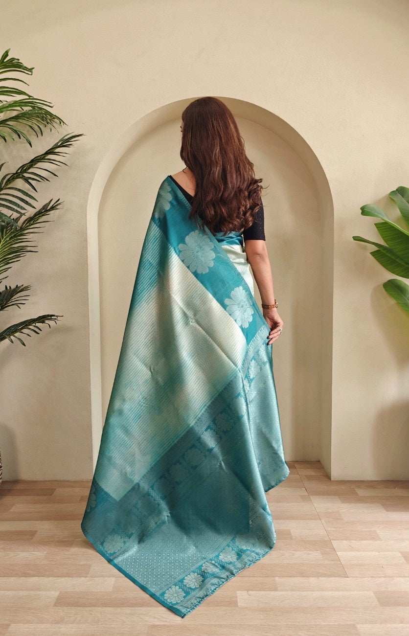 Premium Printed Silk Saree with Silver Zari & Contrast Pallu