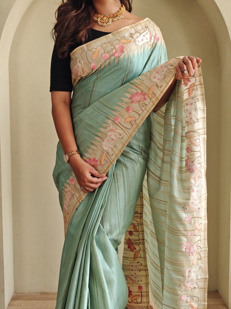 Pure Loom Tussar With All-over Pichwai Style Embroidery