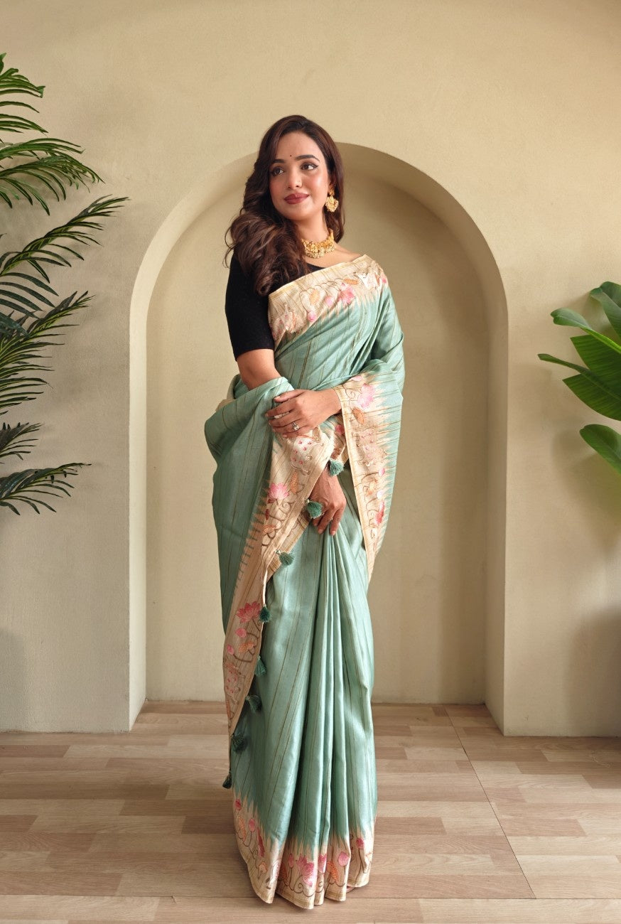 Pure Loom Tussar With All-over Pichwai Style Embroidery