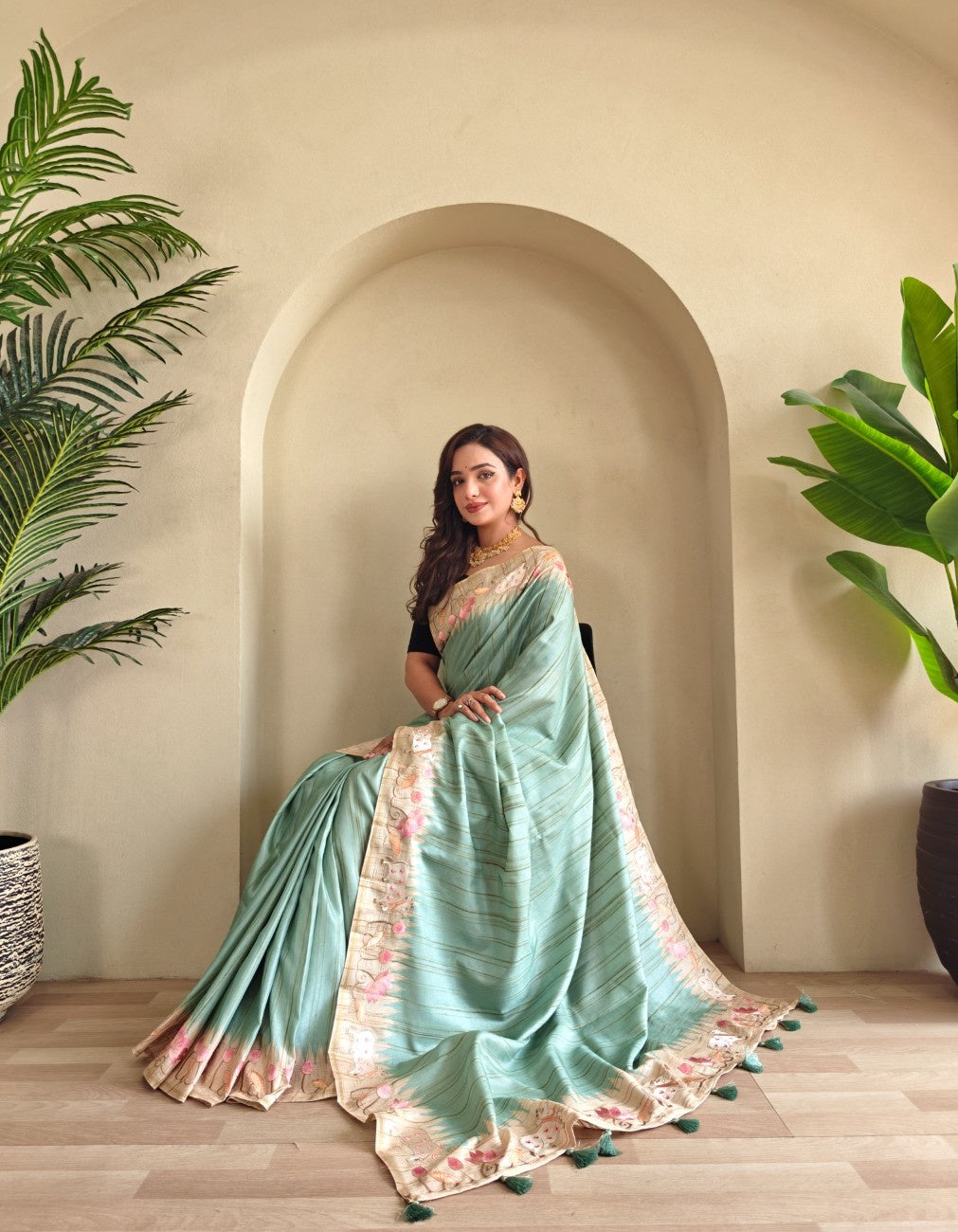 Pure Loom Tussar With All-over Pichwai Style Embroidery