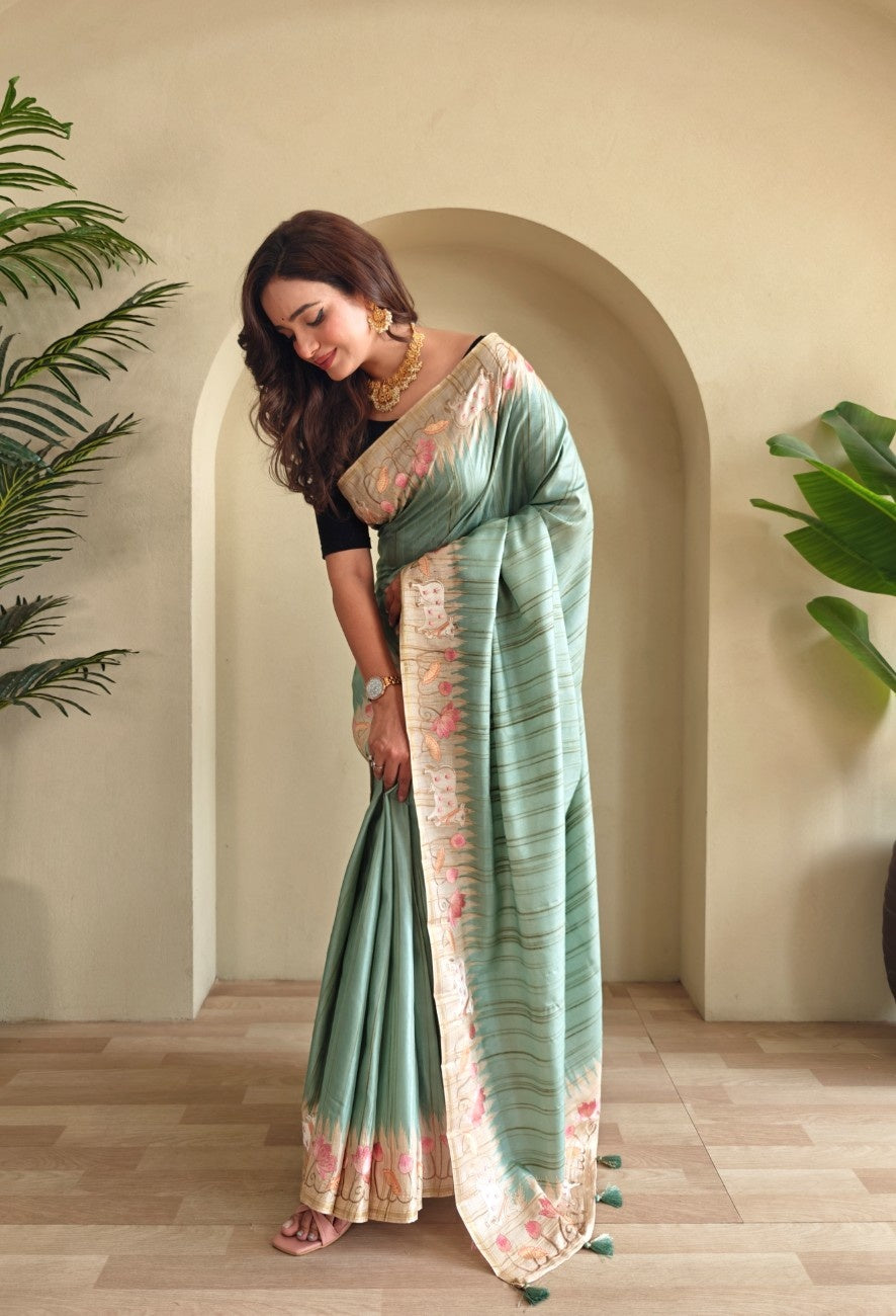 Pure Loom Tussar With All-over Pichwai Style Embroidery