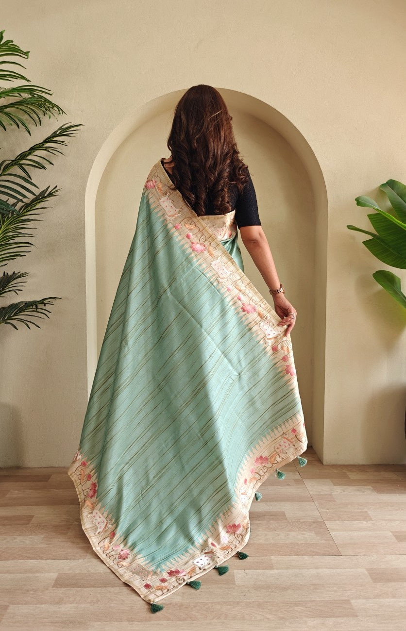 Pure Loom Tussar With All-over Pichwai Style Embroidery