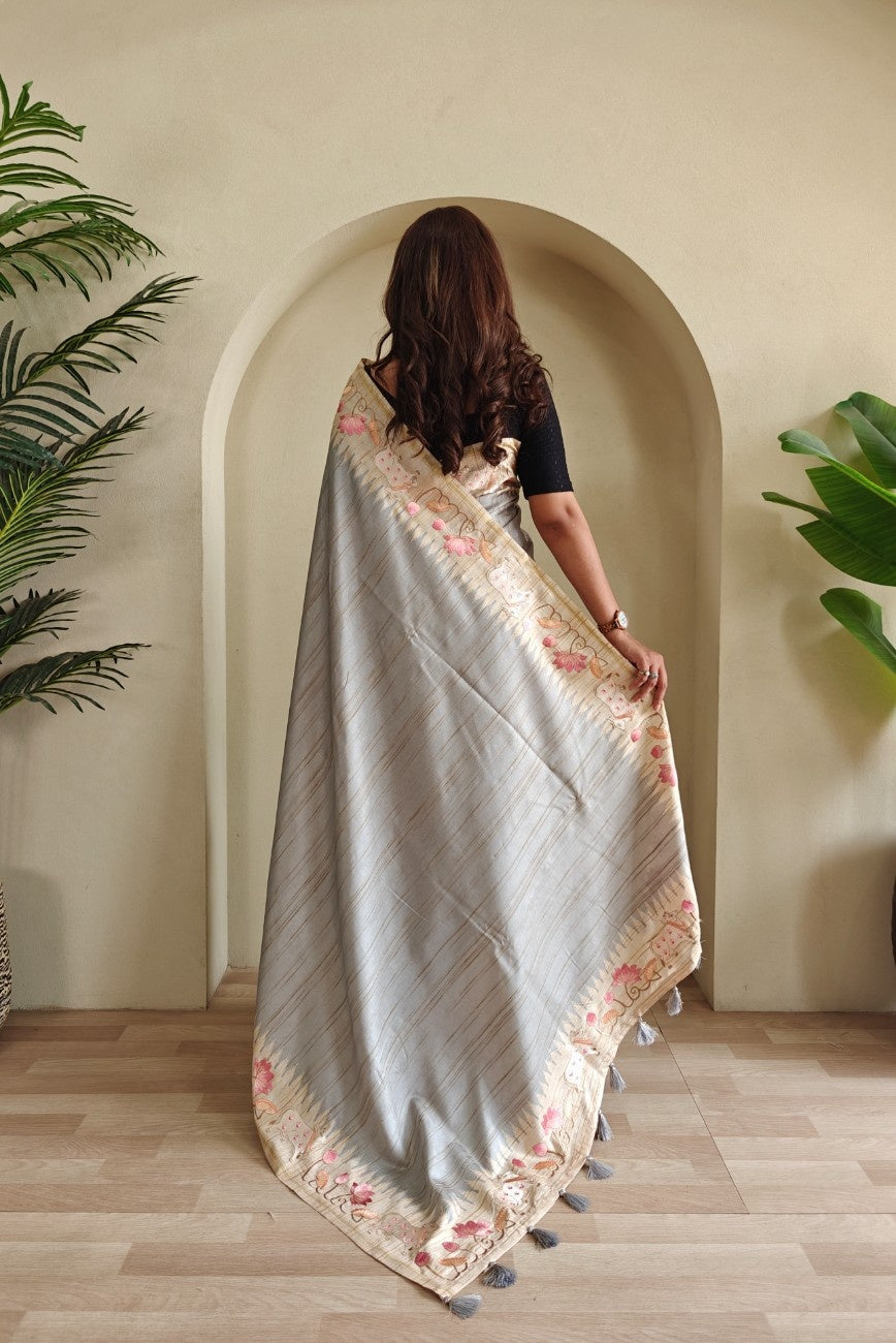 Pure Loom Tussar With All-over Pichwai Style Embroidery
