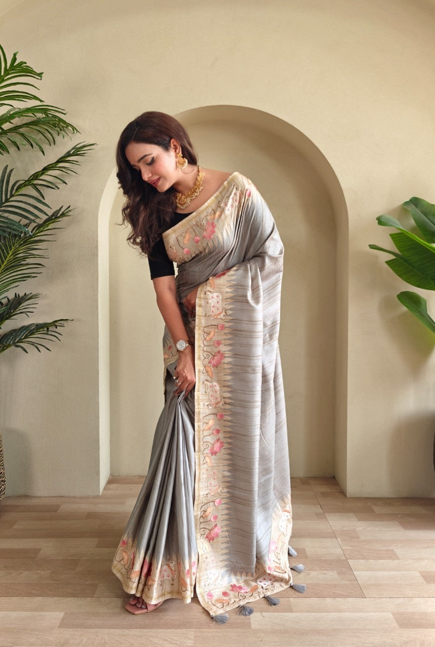 Pure Loom Tussar With All-over Pichwai Style Embroidery