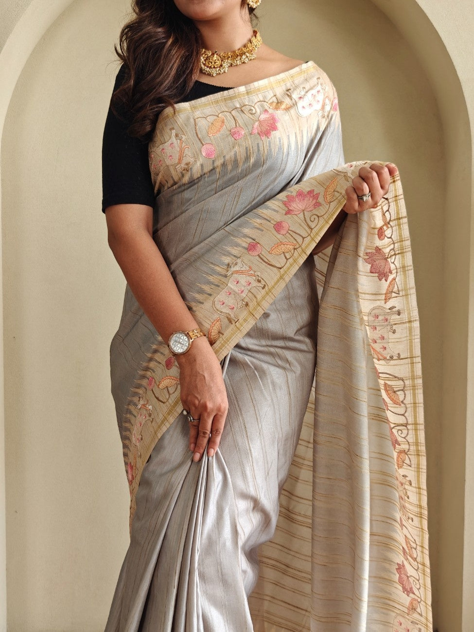 Pure Loom Tussar With All-over Pichwai Style Embroidery