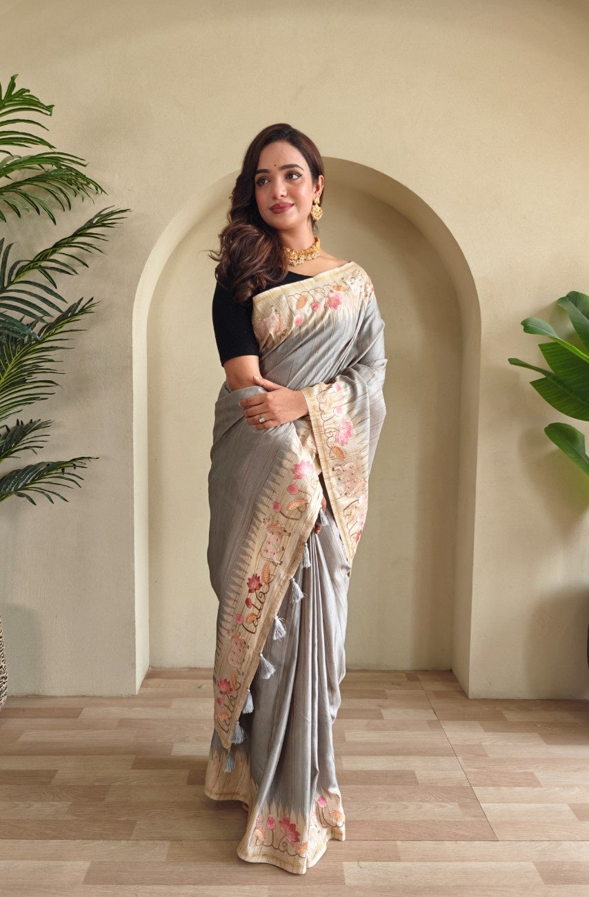 Pure Loom Tussar With All-over Pichwai Style Embroidery