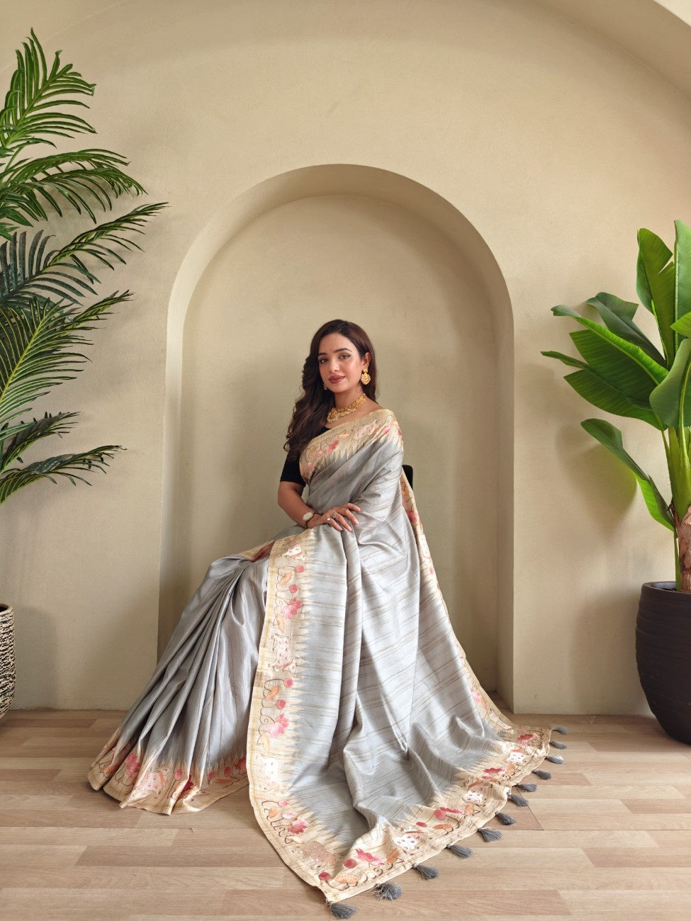 Pure Loom Tussar With All-over Pichwai Style Embroidery