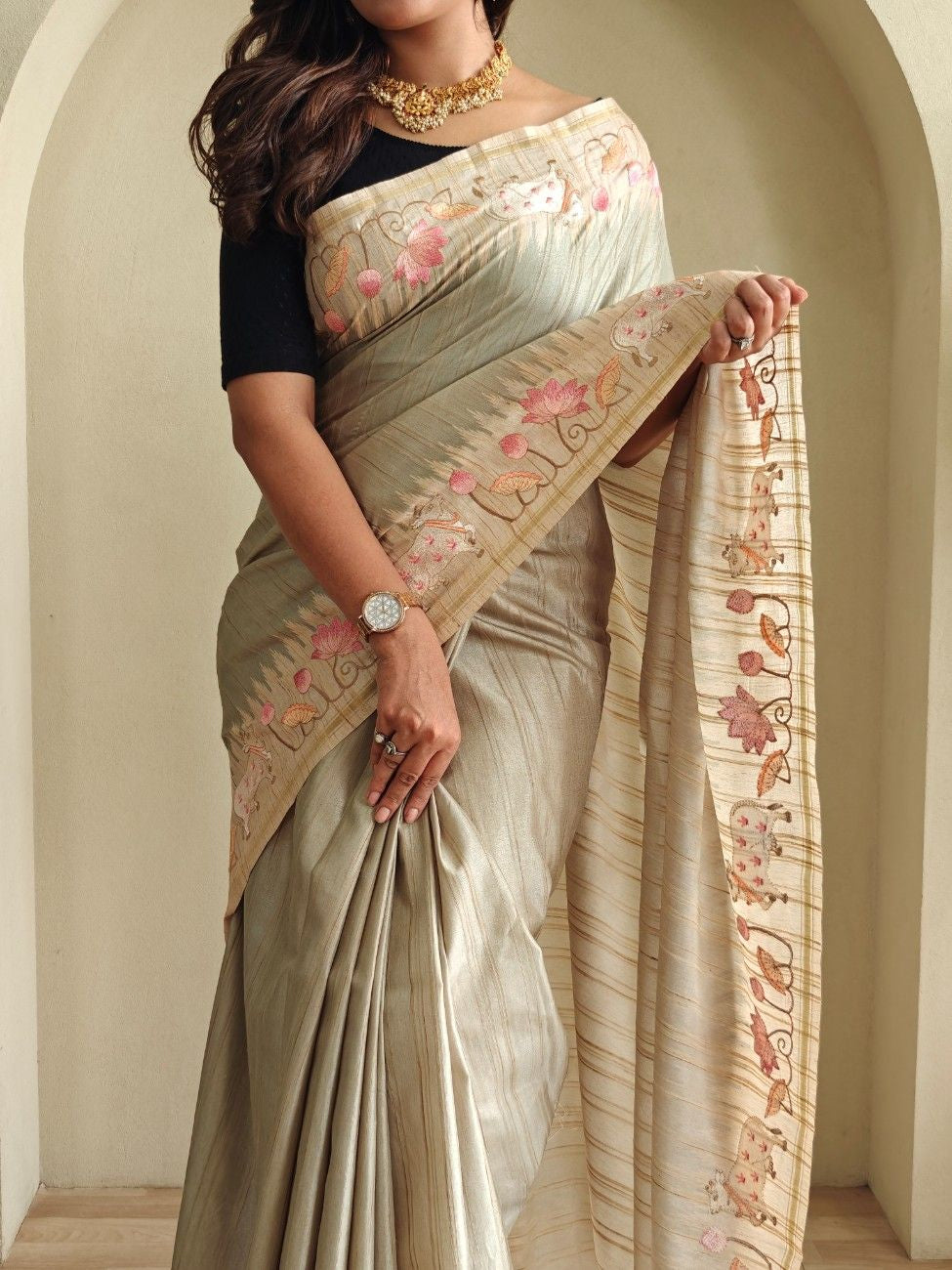 Pure Loom Tussar With All-over Pichwai Style Embroidery