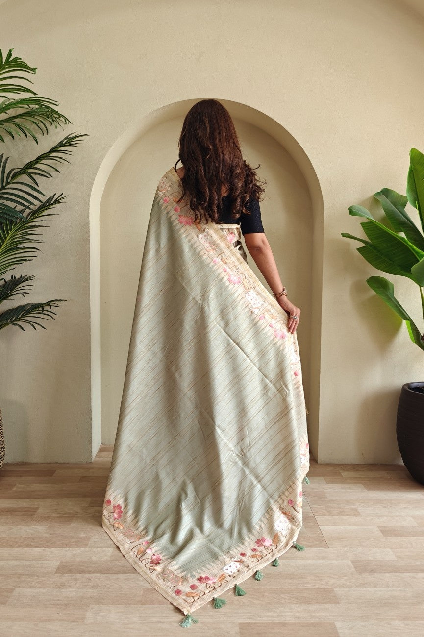 Pure Loom Tussar With All-over Pichwai Style Embroidery