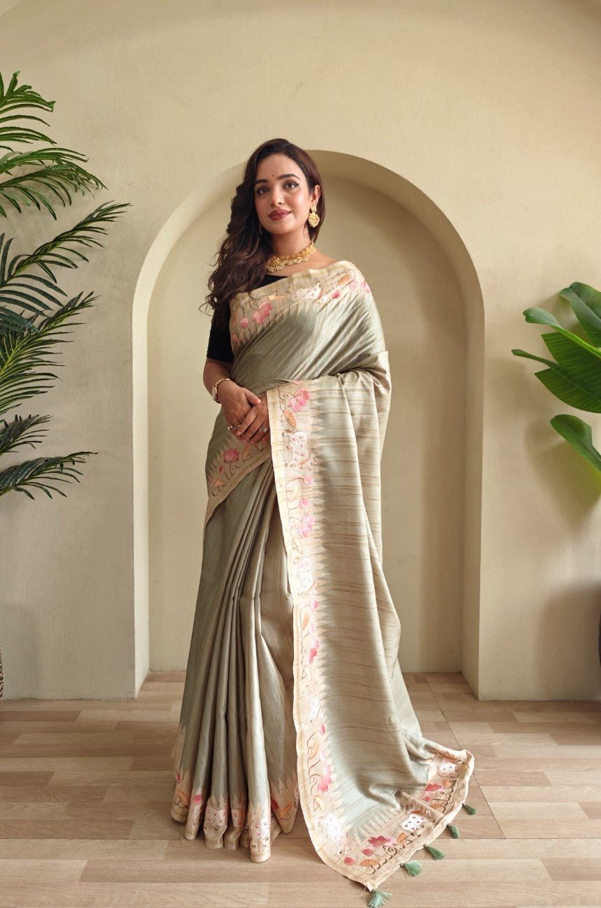 Pure Loom Tussar With All-over Pichwai Style Embroidery