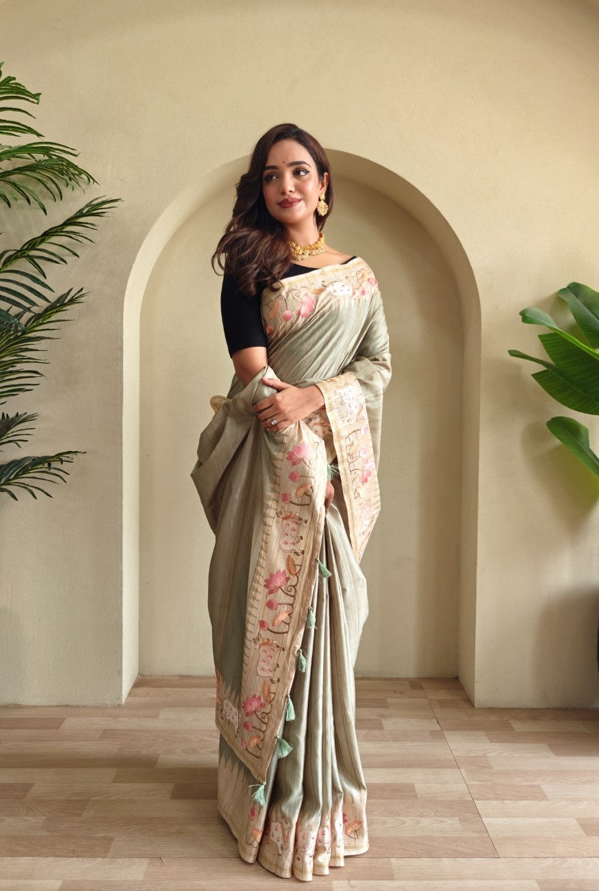 Pure Loom Tussar With All-over Pichwai Style Embroidery
