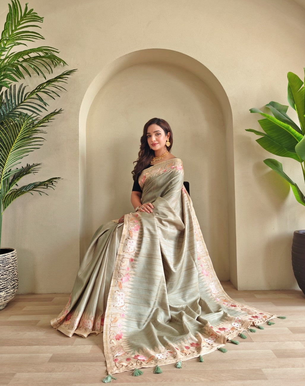 Pure Loom Tussar With All-over Pichwai Style Embroidery