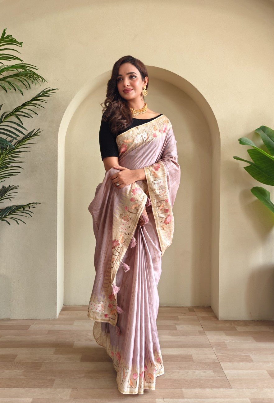 Pure Loom Tussar With All-over Pichwai Style Embroidery