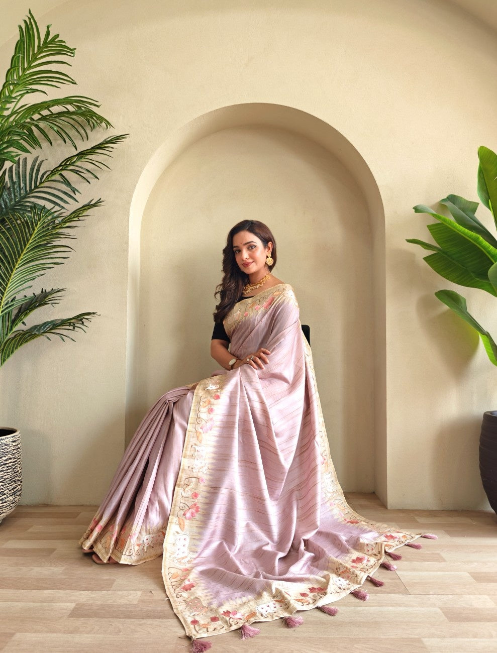 Pure Loom Tussar With All-over Pichwai Style Embroidery