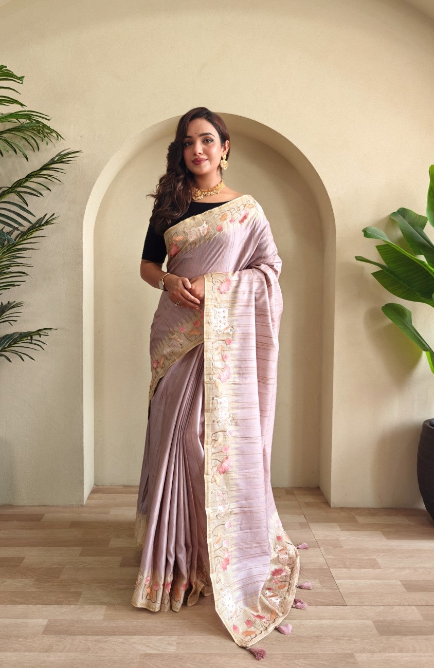 Pure Loom Tussar With All-over Pichwai Style Embroidery