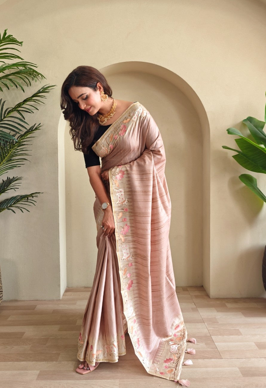 Pure Loom Tussar With All-over Pichwai Style Embroidery