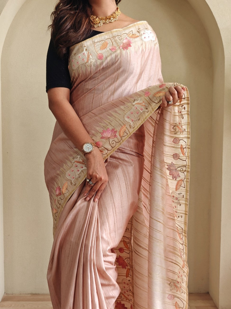 Pure Loom Tussar With All-over Pichwai Style Embroidery