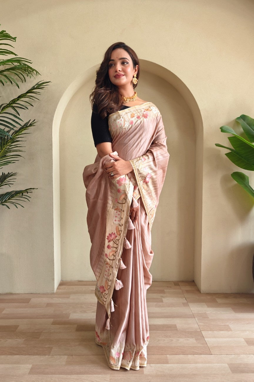 Pure Loom Tussar With All-over Pichwai Style Embroidery