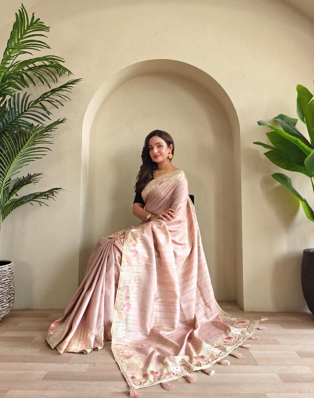 Pure Loom Tussar With All-over Pichwai Style Embroidery