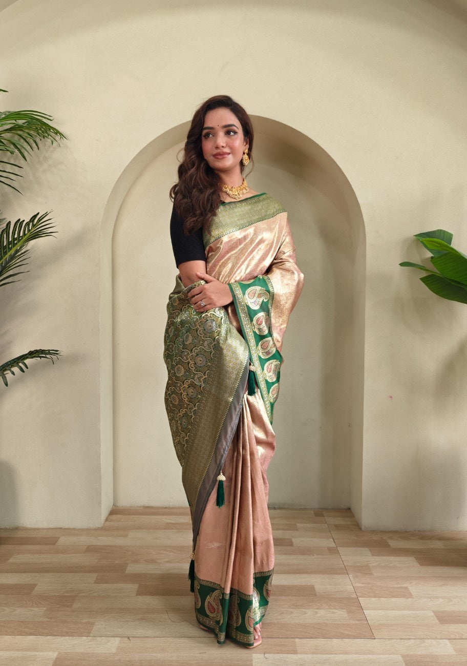 Zari Kanchi Silk Sarees with all-over self-weaving, contrast rich border