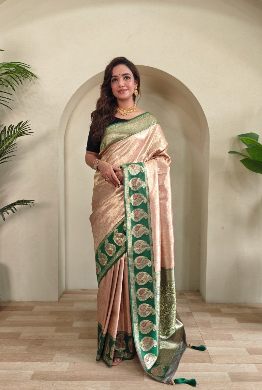Zari Kanchi Silk Sarees with all-over self-weaving, contrast rich border