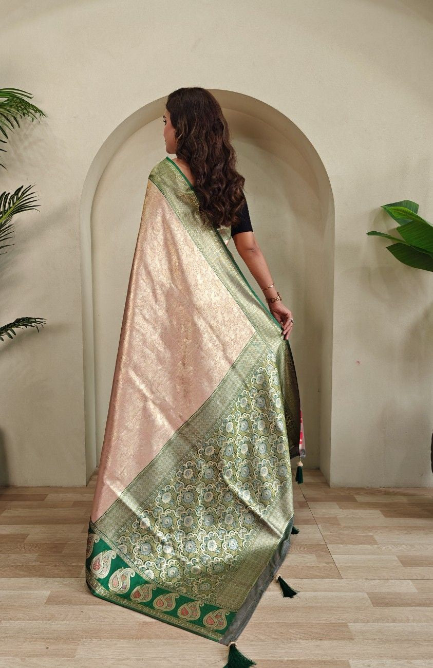 Zari Kanchi Silk Sarees with all-over self-weaving, contrast rich border