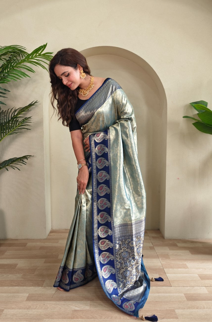 Zari Kanchi Silk Sarees with all-over self-weaving, contrast rich border