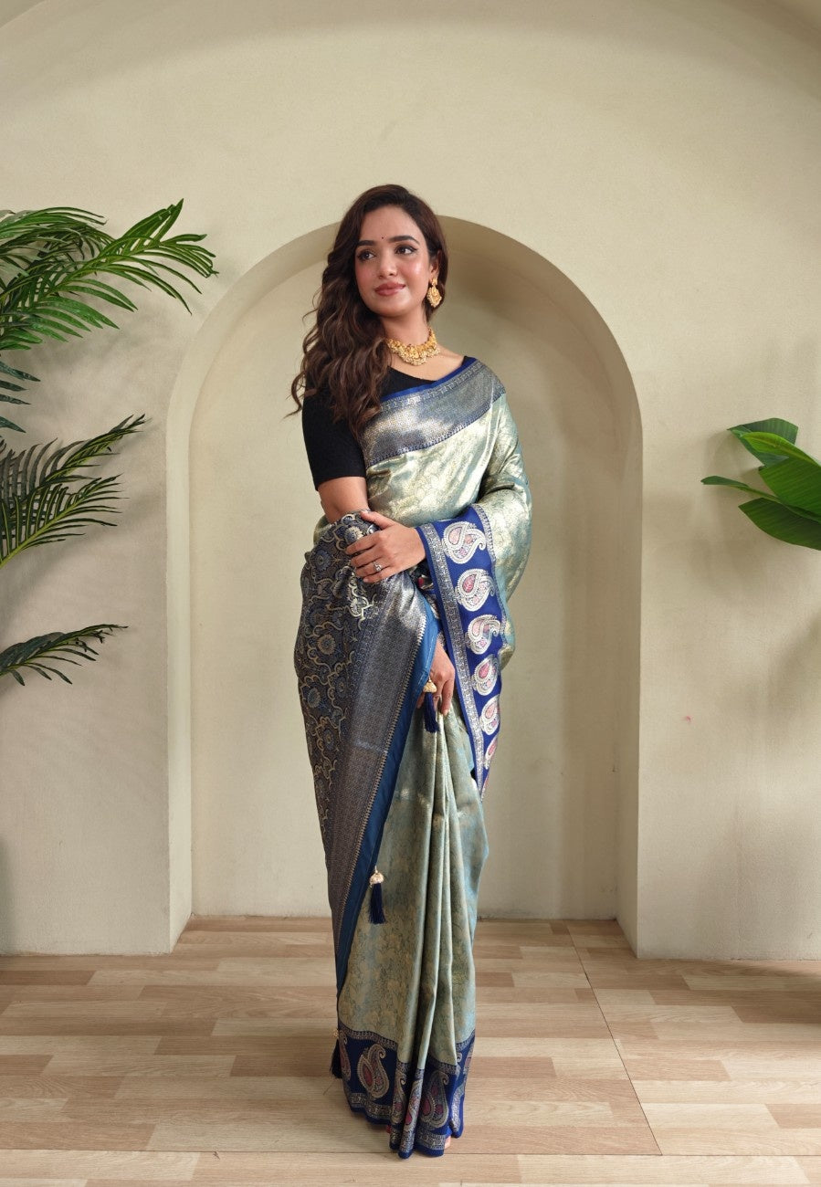 Zari Kanchi Silk Sarees with all-over self-weaving, contrast rich border