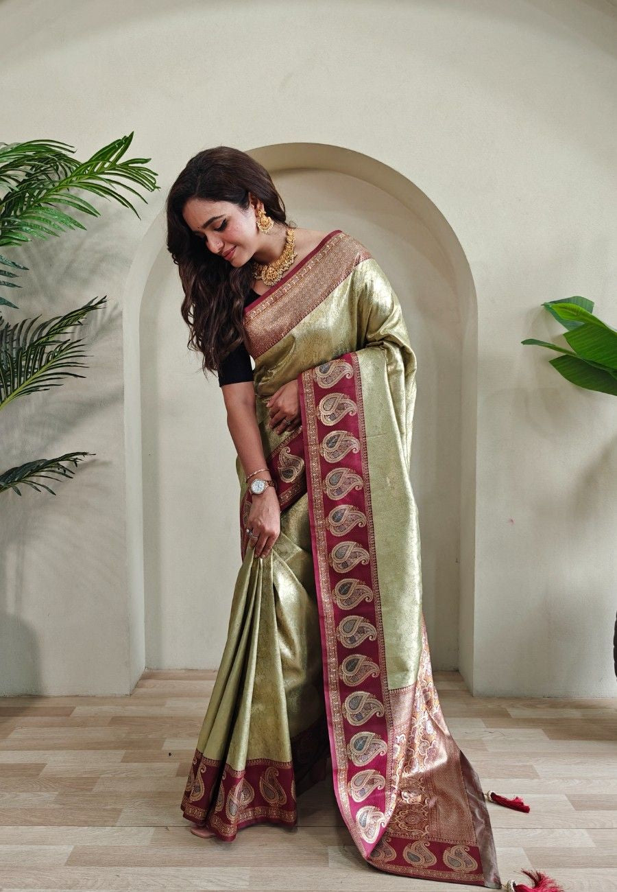 Zari Kanchi Silk Sarees with all-over self-weaving, contrast rich border