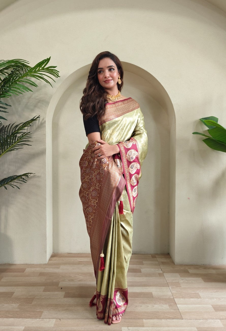 Zari Kanchi Silk Sarees with all-over self-weaving, contrast rich border