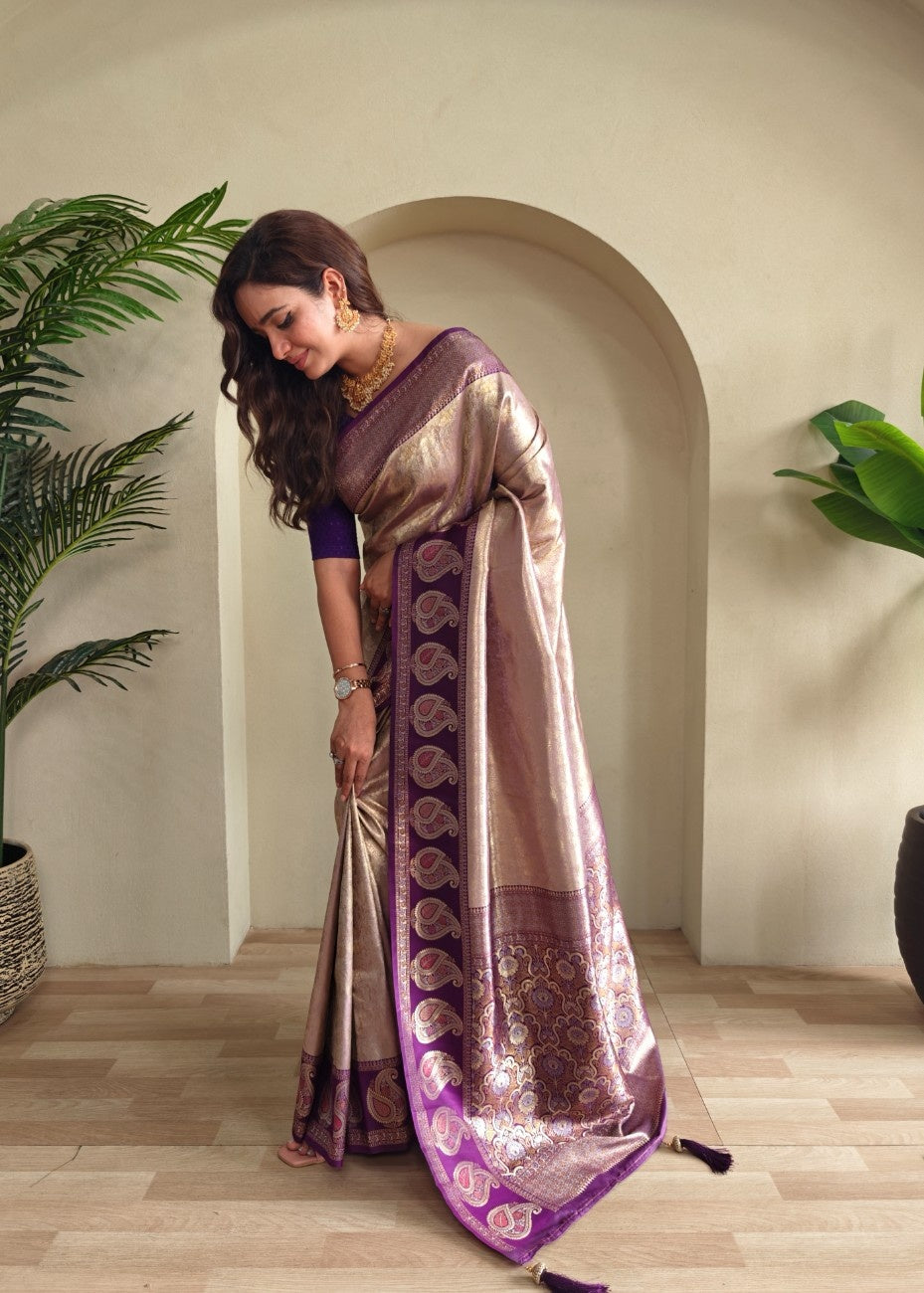 Zari Kanchi Silk Sarees with all-over self-weaving, contrast rich border