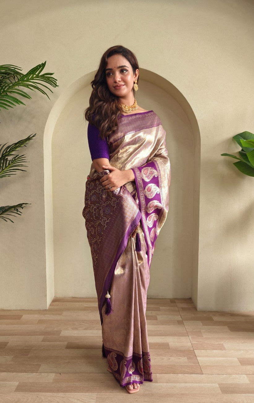 Zari Kanchi Silk Sarees with all-over self-weaving, contrast rich border