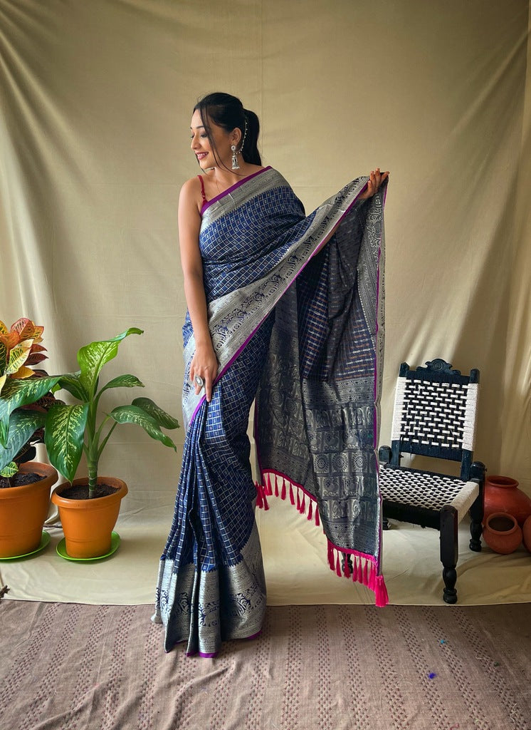Premium Khicha Silk Saree with Silver Border, Weaving and Tassels
