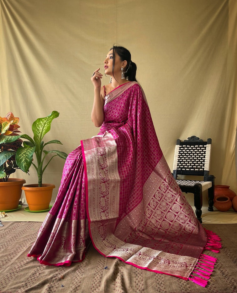 Premium Khicha Silk Saree with Silver Border, Weaving and Tassels