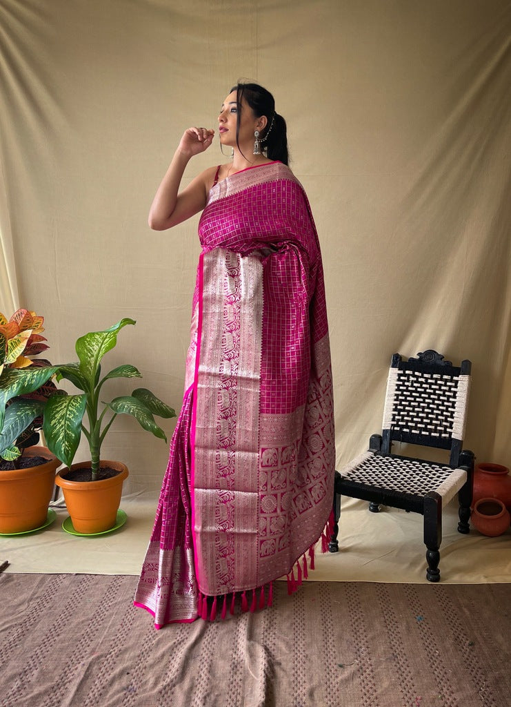 Premium Khicha Silk Saree with Silver Border, Weaving and Tassels