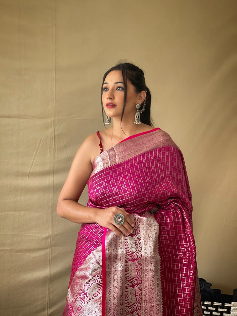 Premium Khicha Silk Saree with Silver Border, Weaving and Tassels