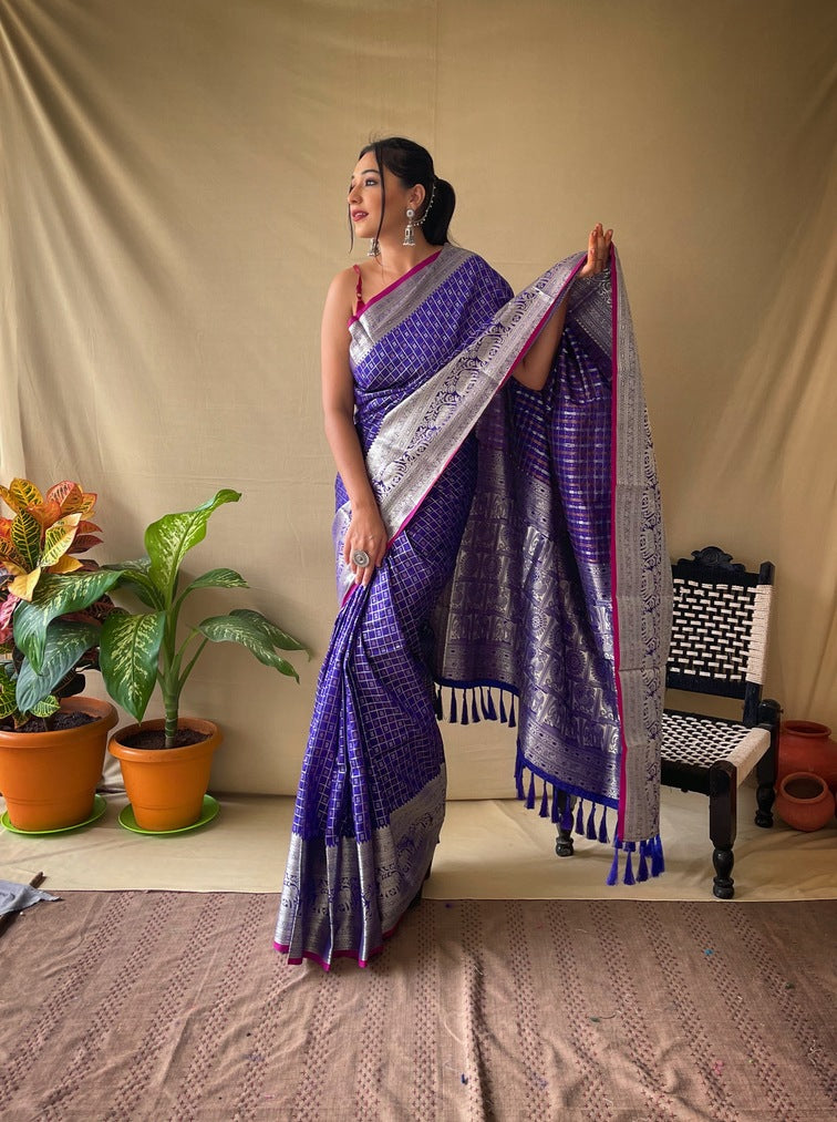 Premium Khicha Silk Saree with Silver Border, Weaving and Tassels