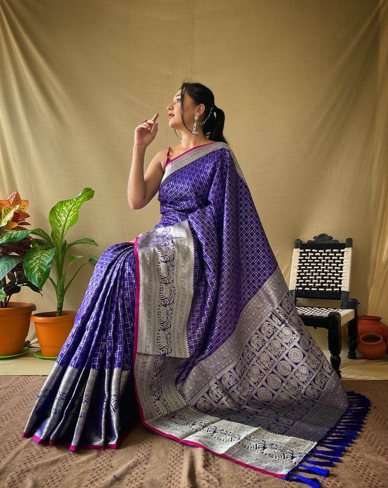 Premium Khicha Silk Saree with Silver Border, Weaving and Tassels