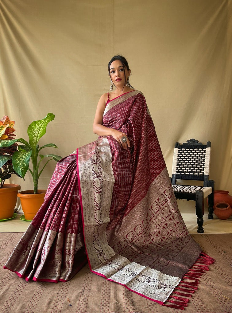 Premium Khicha Silk Saree with Silver Border, Weaving and Tassels