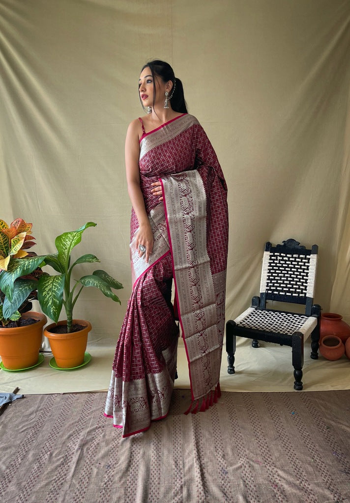 Premium Khicha Silk Saree with Silver Border, Weaving and Tassels