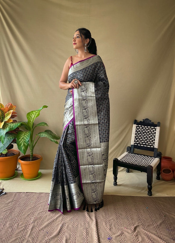 Premium Khicha Silk Saree with Silver Border, Weaving and Tassels
