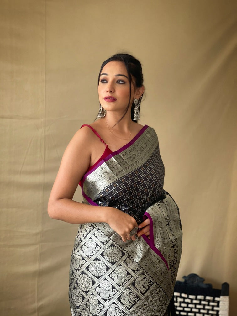 Premium Khicha Silk Saree with Silver Border, Weaving and Tassels
