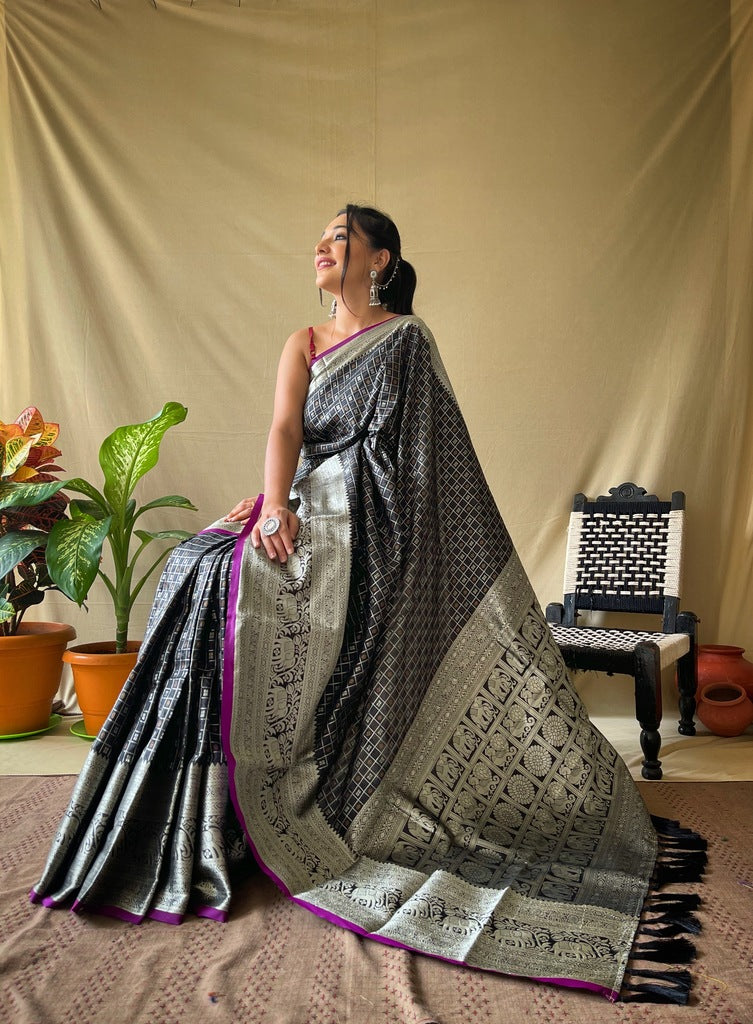 Premium Khicha Silk Saree with Silver Border, Weaving and Tassels