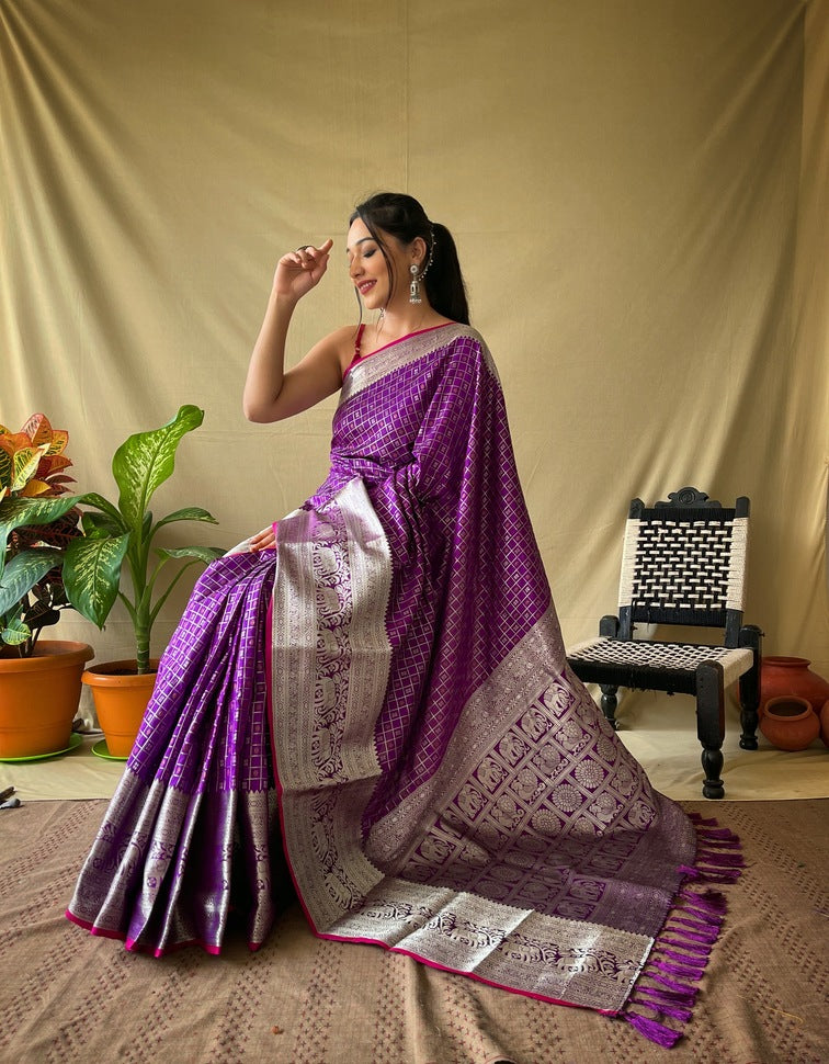 Premium Khicha Silk Saree with Silver Border, Weaving and Tassels