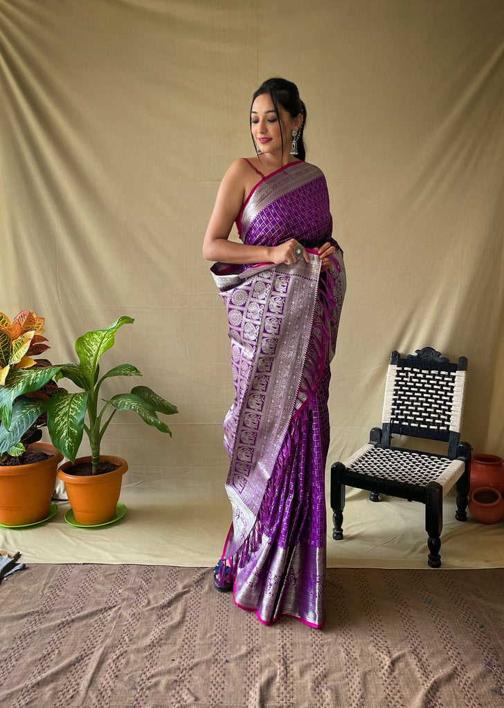Premium Khicha Silk Saree with Silver Border, Weaving and Tassels