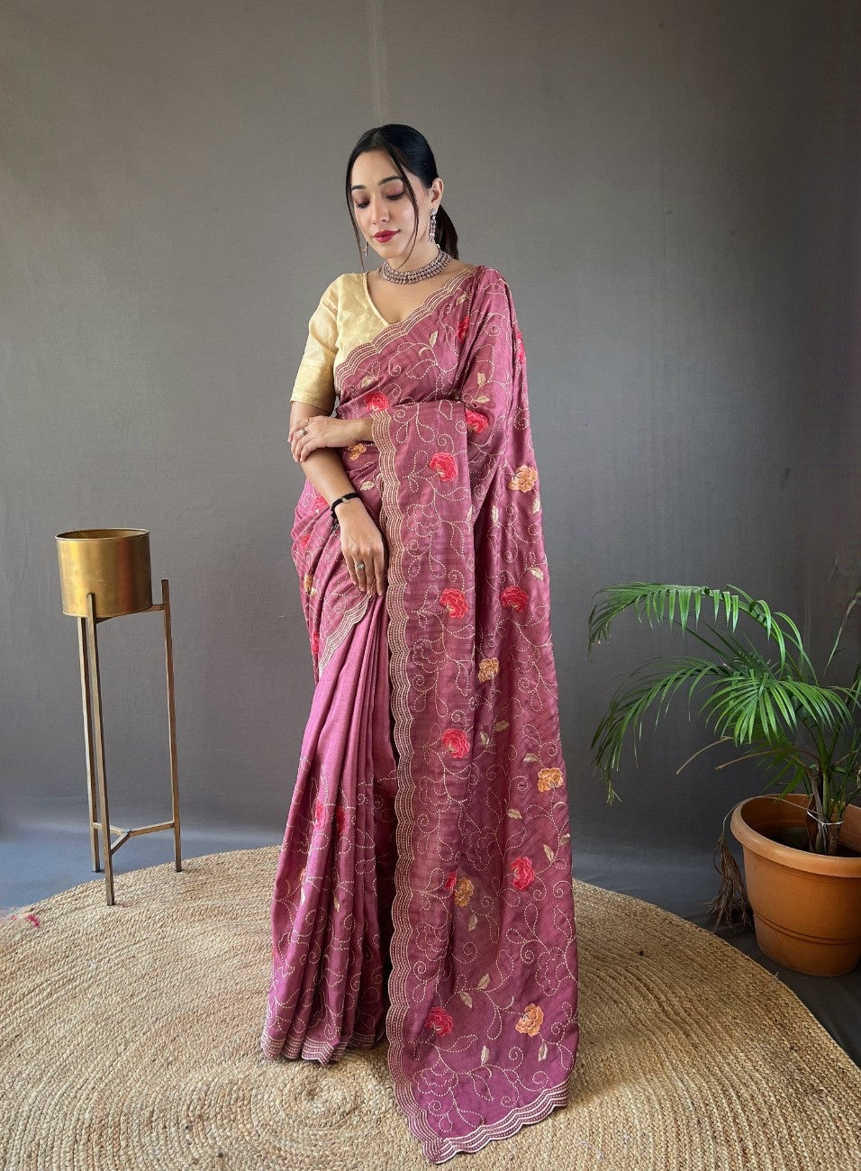 Pure Tussar Silk Saree With Embroidery Jaal Work
