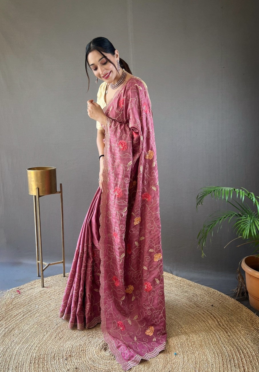 Pure Tussar Silk Saree With Embroidery Jaal Work