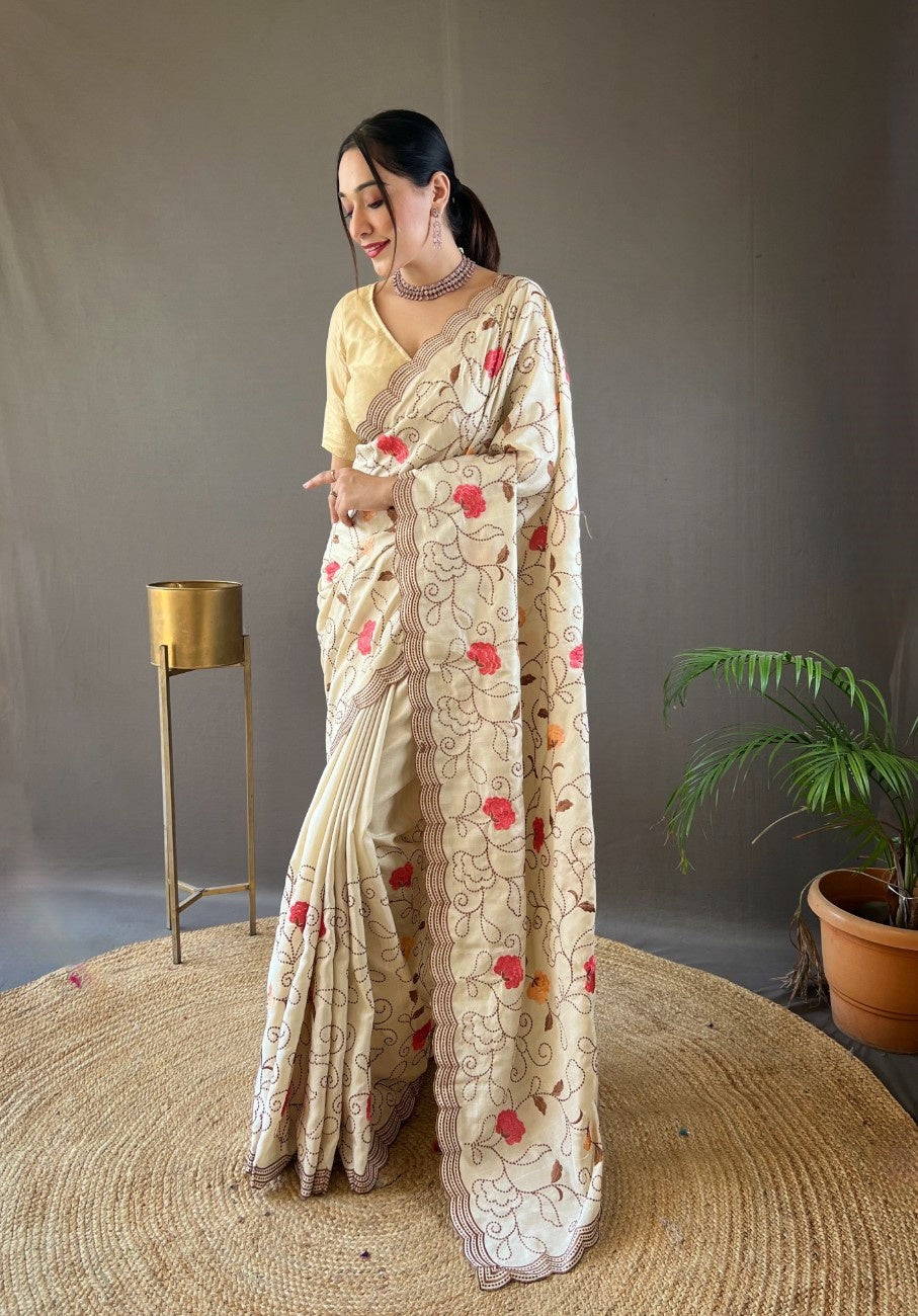 Pure Tussar Silk Saree With Embroidery Jaal Work